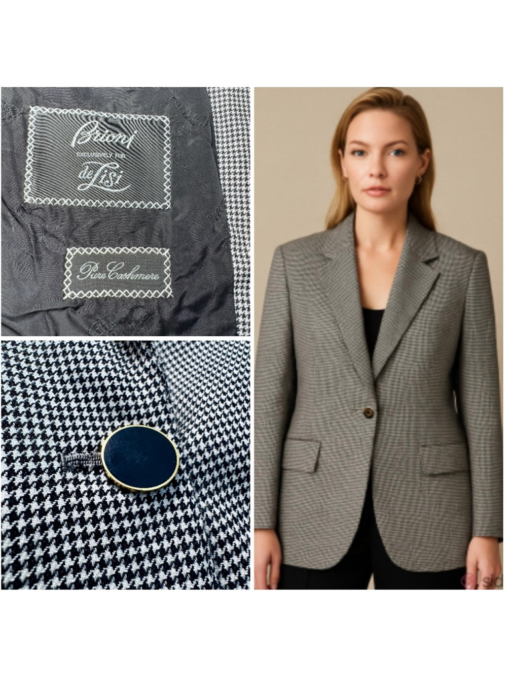 Women's Brioni 100% Cashmere Cecelia Blazer Houndstooth Black White Gold
